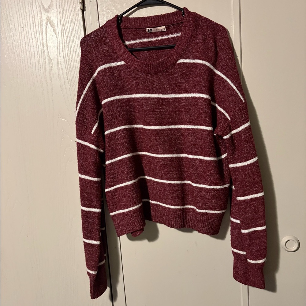 SO Women's Burgundy and White Striped Sweater